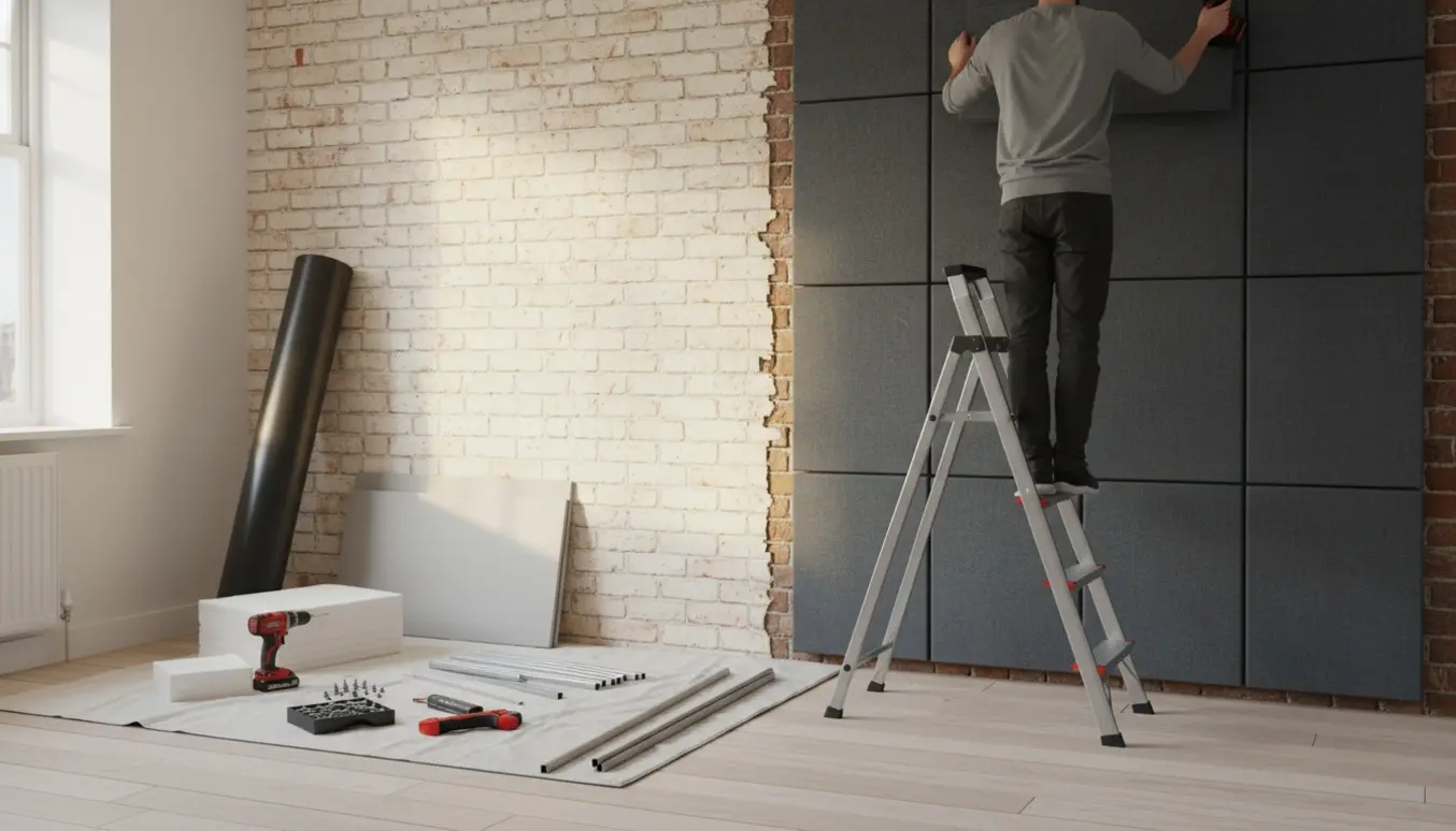 Udsnit af et soveværelse hvor lydisolerende plader monteres på en tapetseret væg, med værktøj og materialer klar.