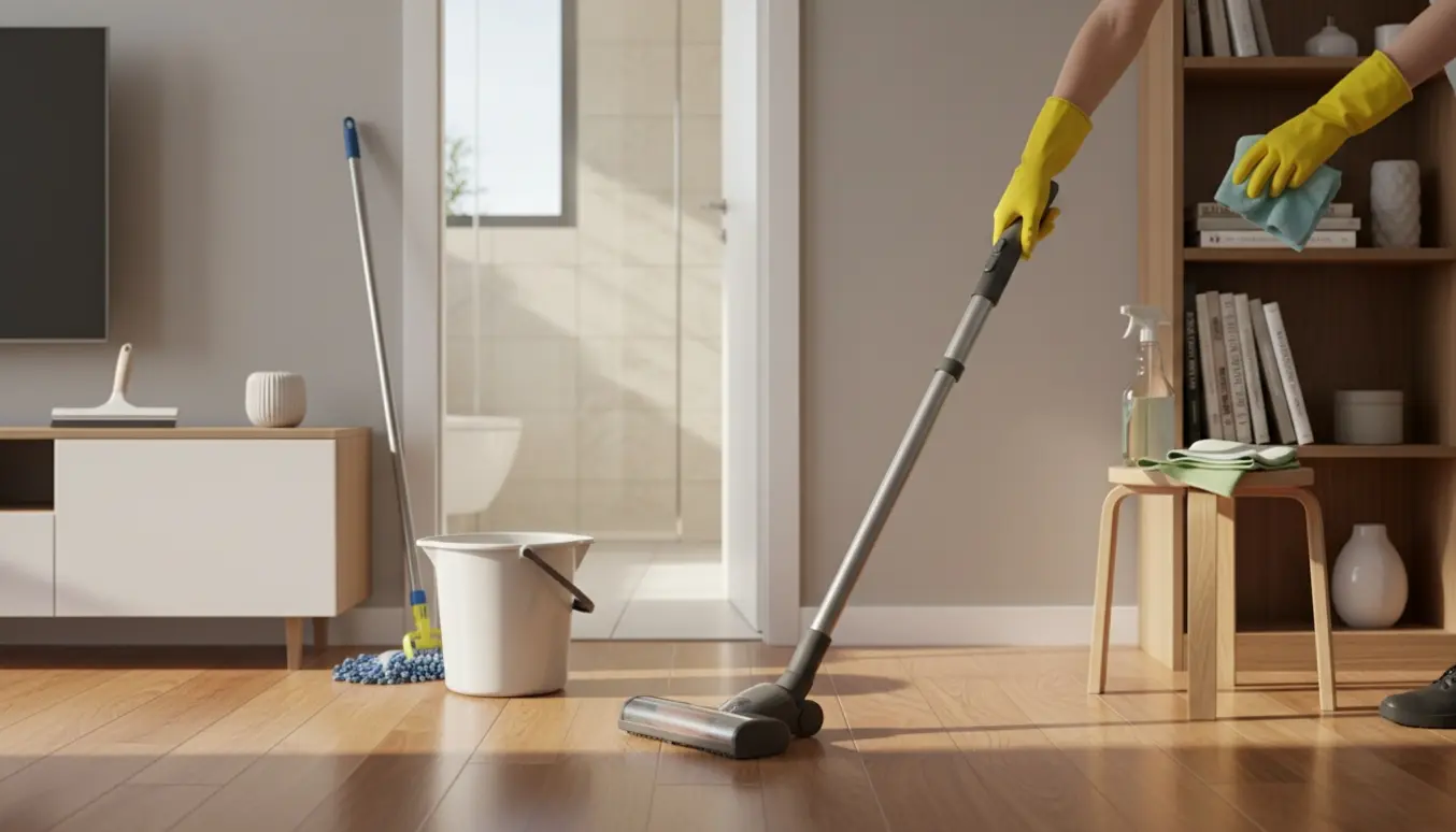 Hænder med gummihandsker støvsuger og mopper i en soloplyst lejlighed med åbent, skinnende badeværelse.