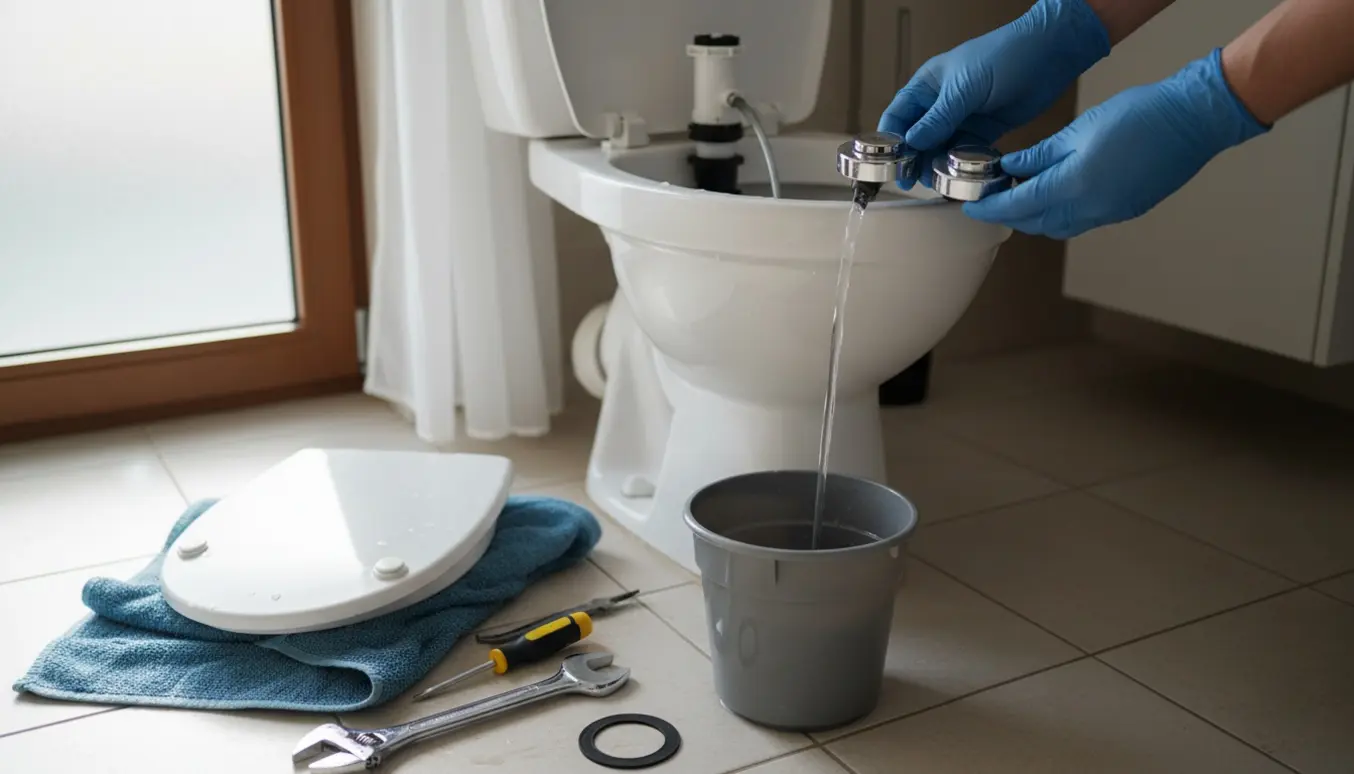 Nærbillede af reparation af et løbende toilet med åben cisterne, løs trykknap og værktøj.