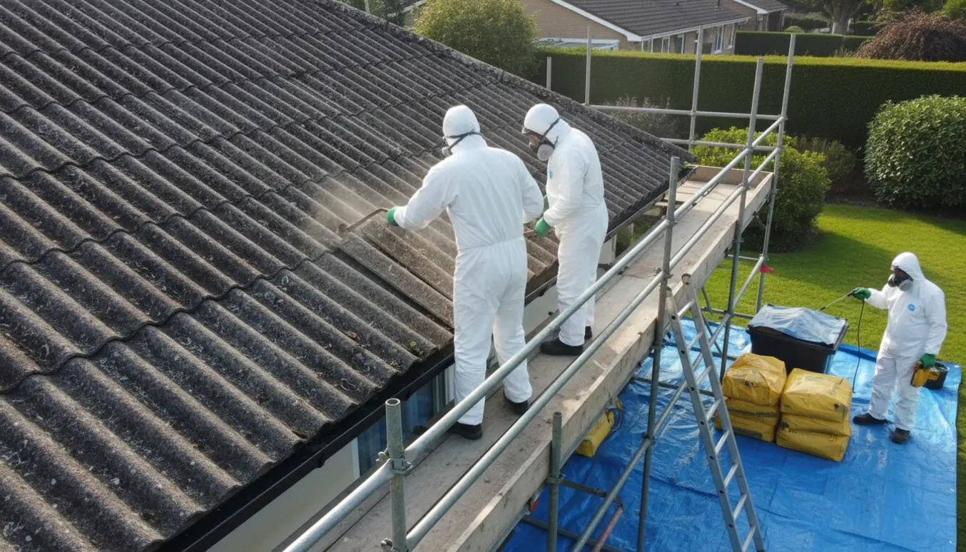 Arbejder i beskyttelsesdragt fjerner eternit-asbestplader fra et lavt etplans tag med afdækkede affaldssække og stillads.