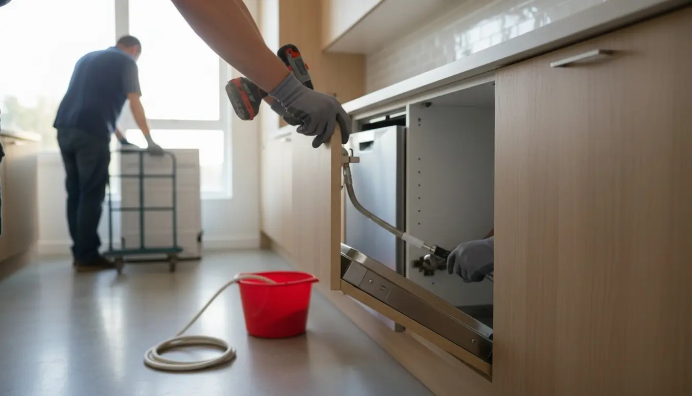 Tekniker monterer låge på en indbygget opvaskemaskine i lyst køkken med værktøj og den gamle maskine i baggrunden.