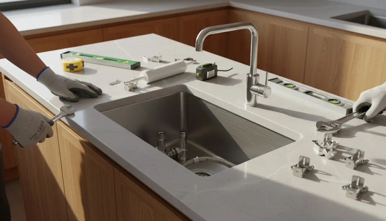 Nærbillede af udskiftning af køkkenbordplade med ny vask og blandingsbatteri, håndværktøj ved siden af.