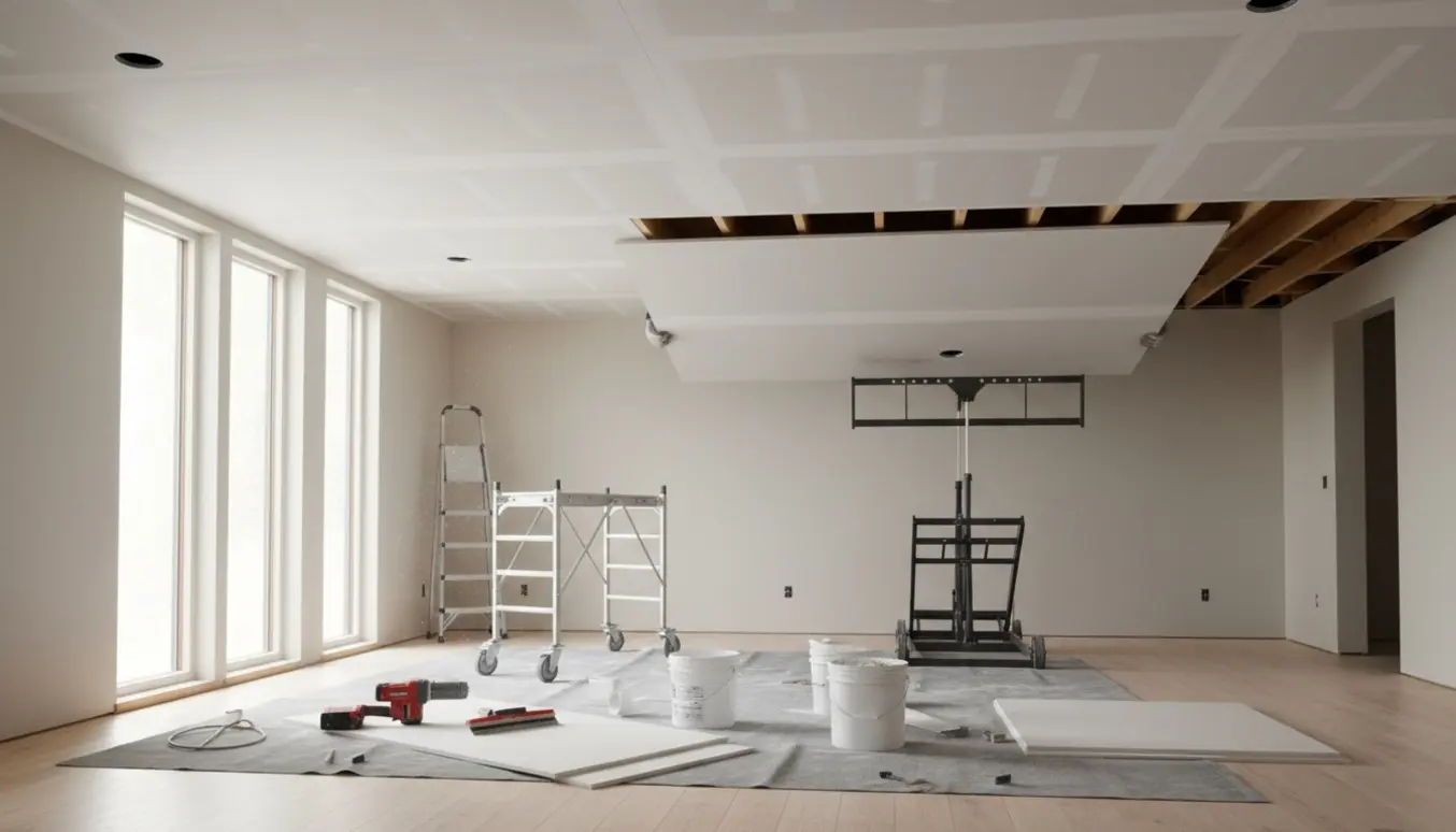 Rummeligt hjem under udskiftning af loft med nyt gipsloft, stillads og værktøj.