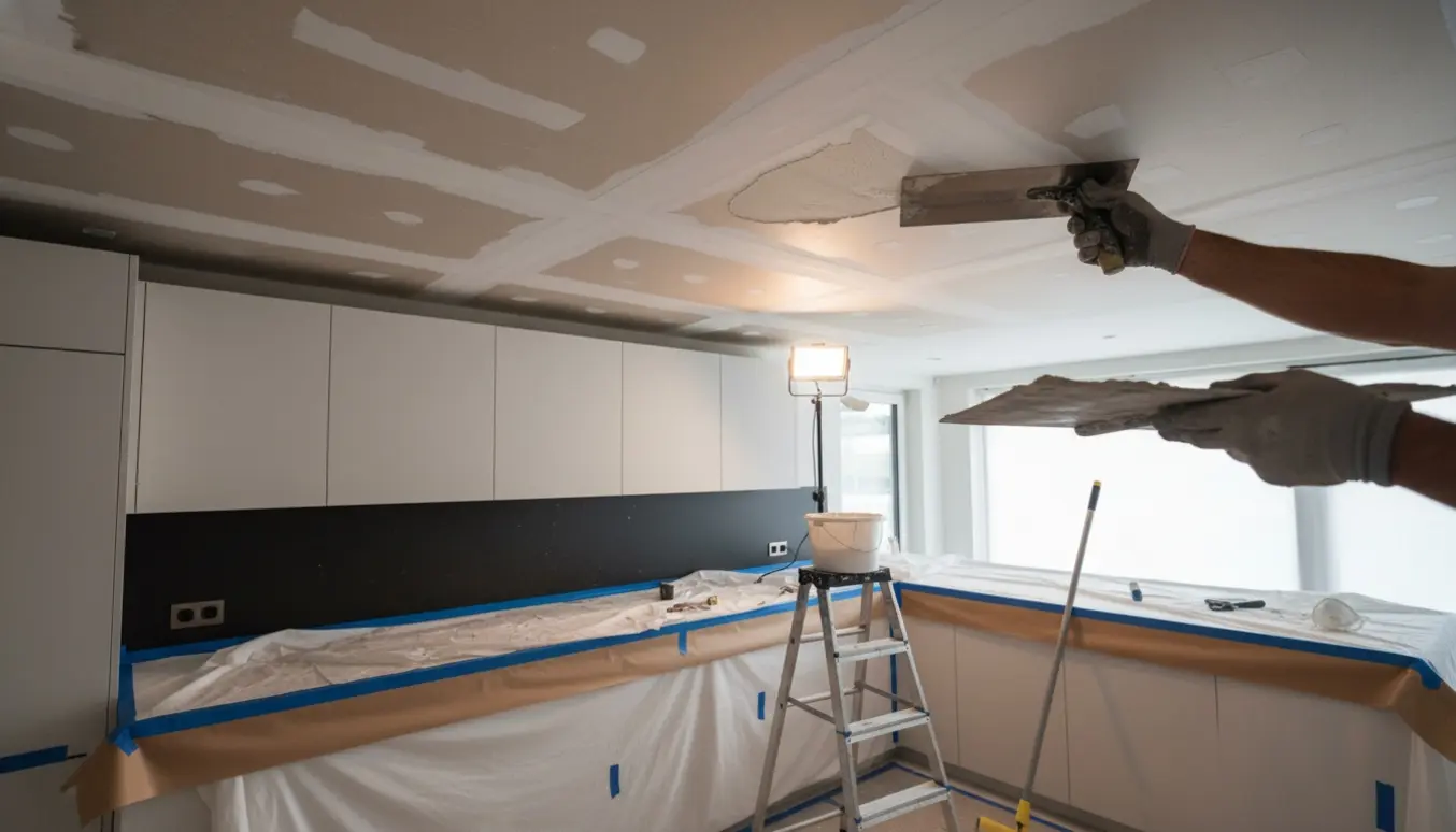 Hænder spartler køkkenloft med afdækkede skabe og spand spartelmasse.