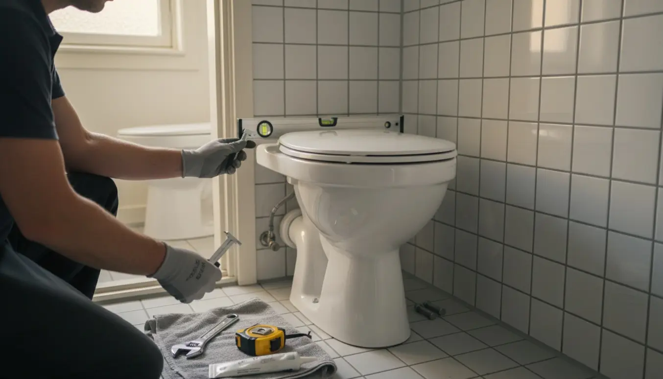 Montering af et kompakt toilet i et smalt københavnerbadeværelse med håndværker, der måler afstanden til væggen.