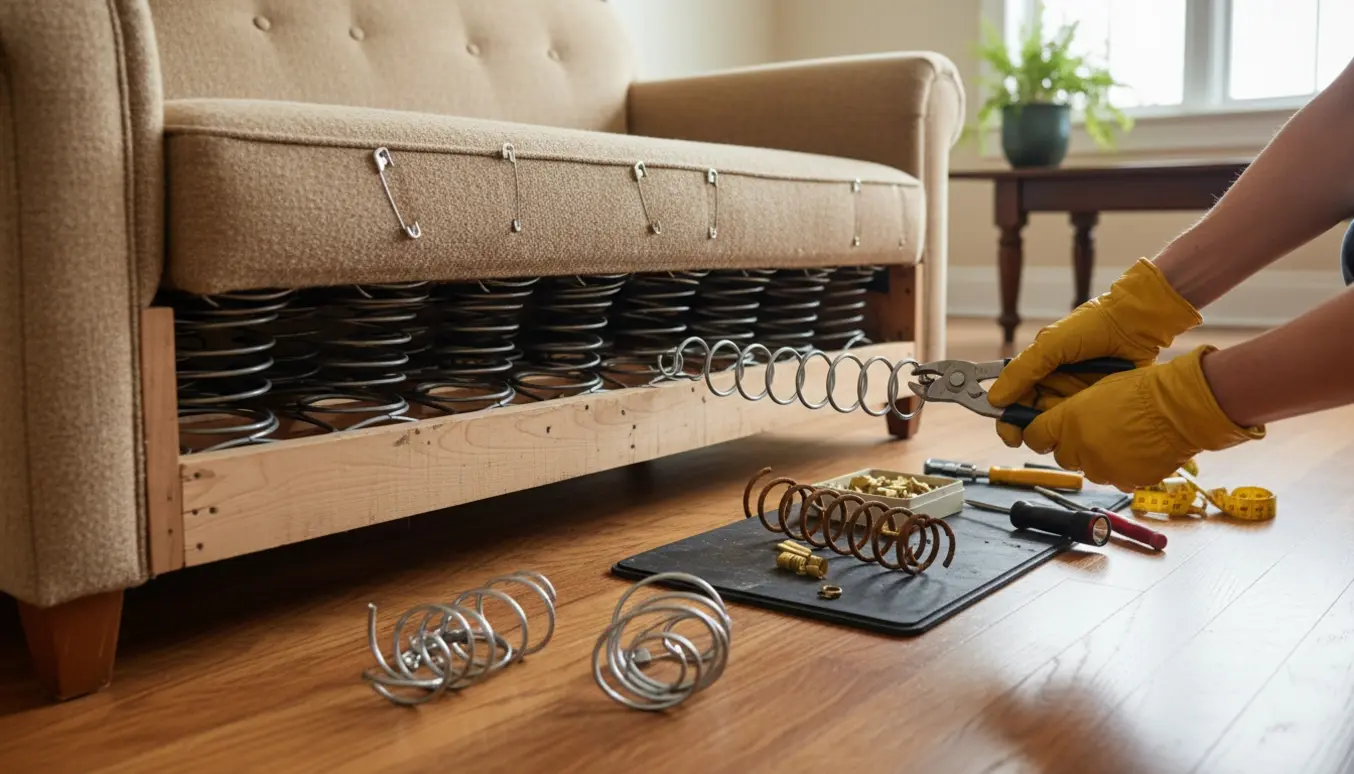 Hænder udskifter to fjedre i en sofa i stuen, omgivet af værktøj og reservedele.