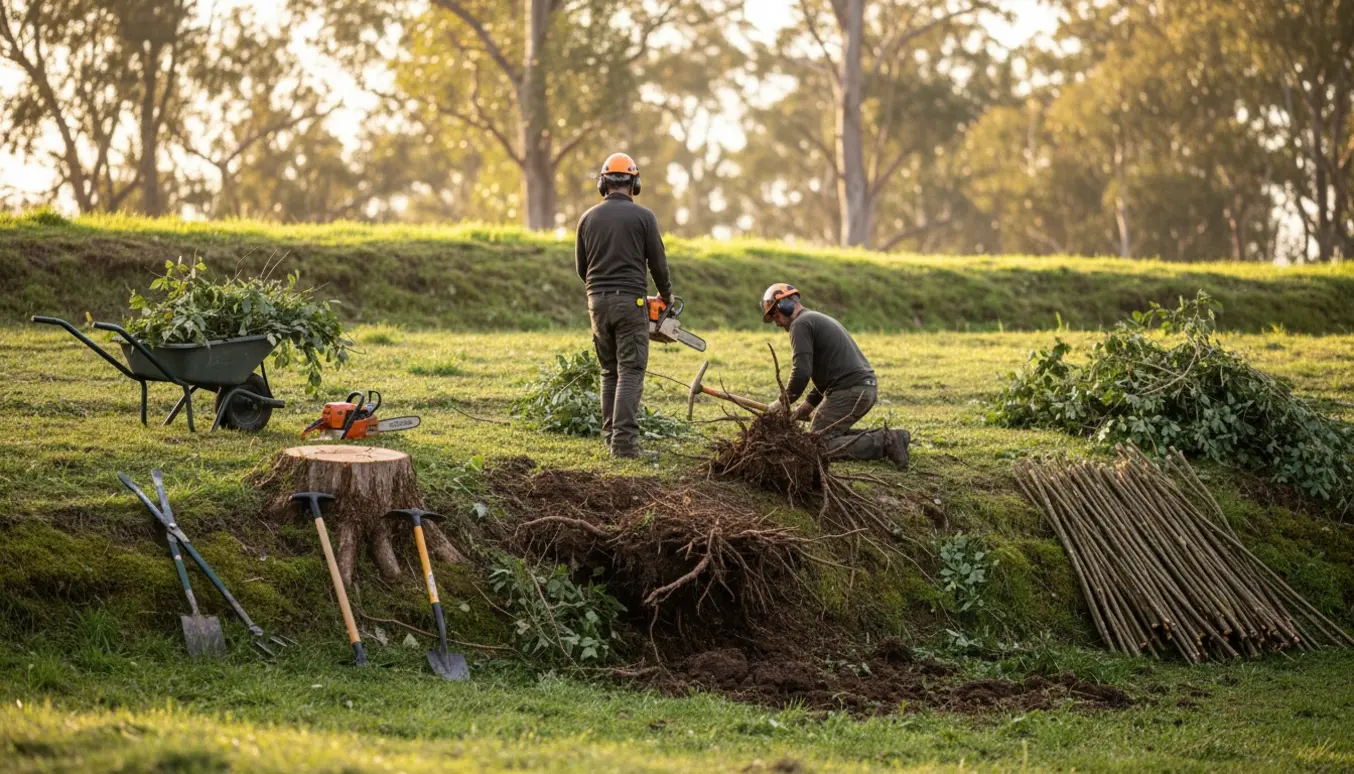 Rydning af buske og fældning af lave træer på en skråning med udgravede rødder og værktøj.