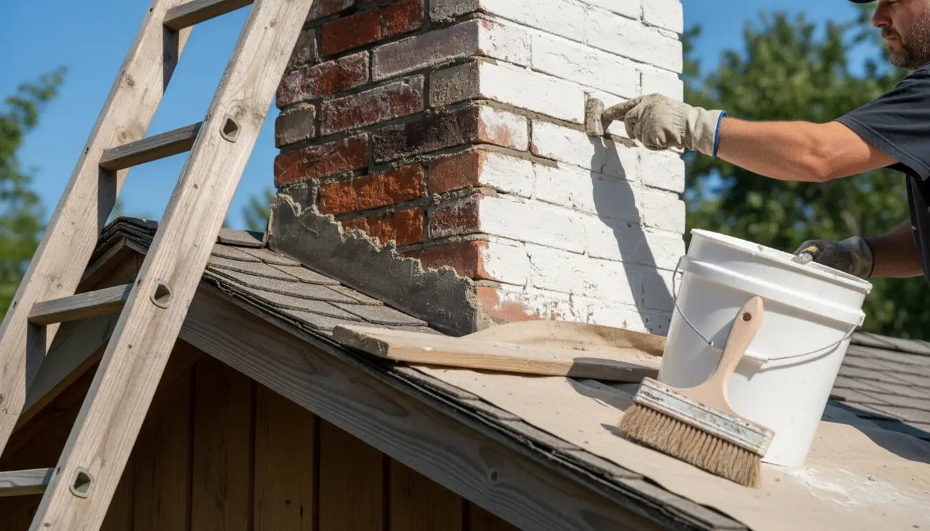 Nærbillede af repudsning og kalkning af en skorsten på et sommerhus med mørtel, kost og spand kalk.