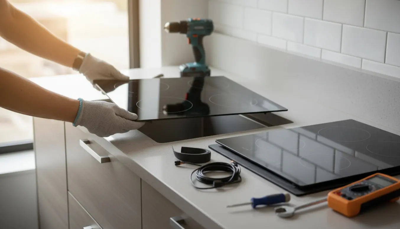 Hænder installerer en ny glas-kogeplade i en moderne køkkenbordplade.