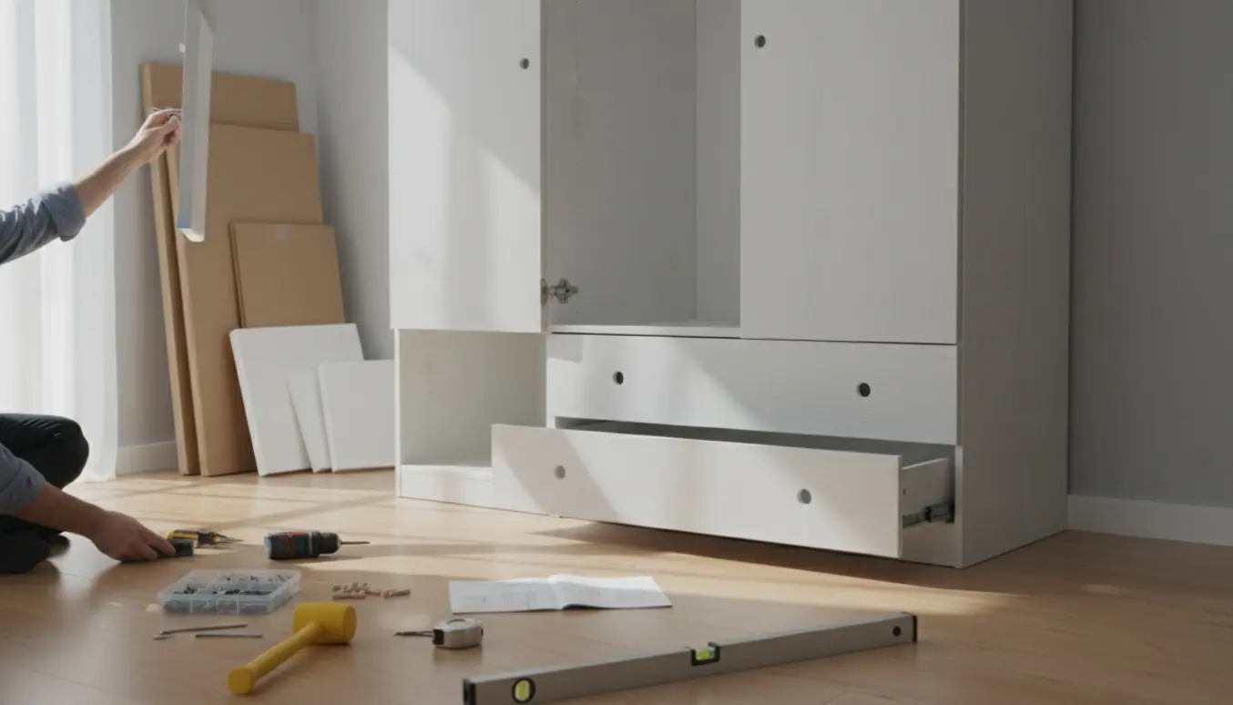 Delvist samlet hvidt klædeskab med skuffer og værktøj, hænder samler dele.