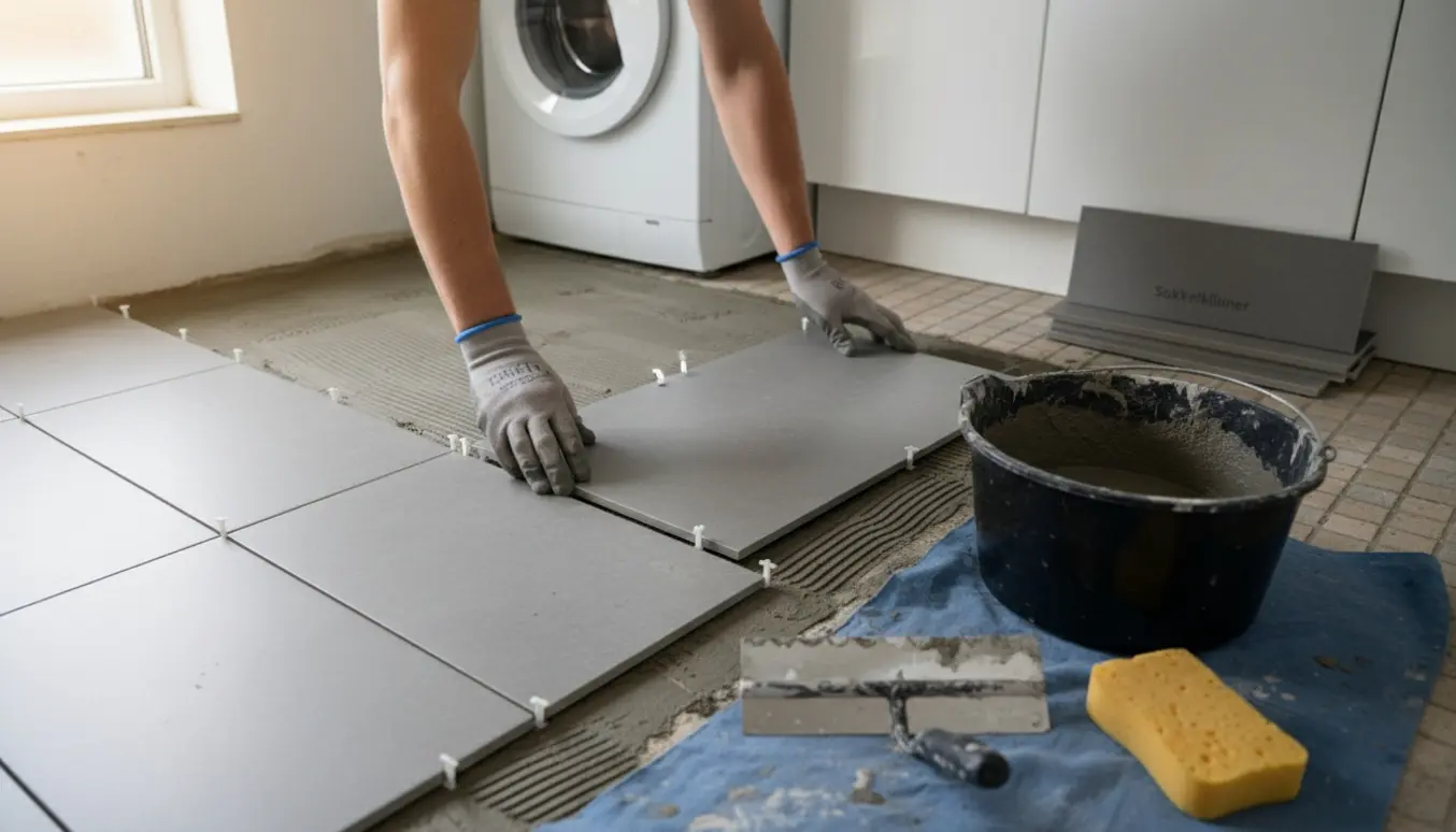 Hænder placerer en gulvklinke i et lille bryggers med værktøj og stak sokkelklinker i baggrunden.