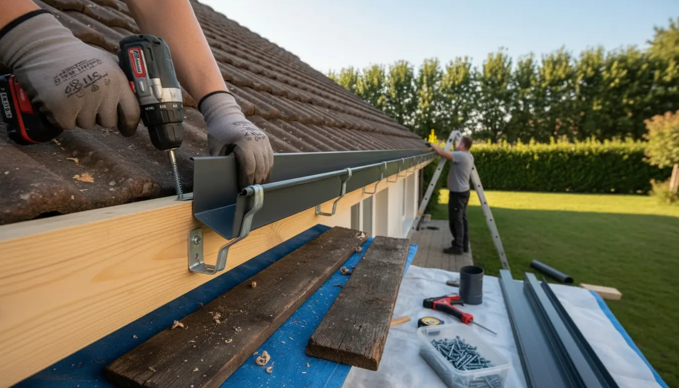 Montering af udvendig tagrende og udskiftning af brædder på husets ene side.