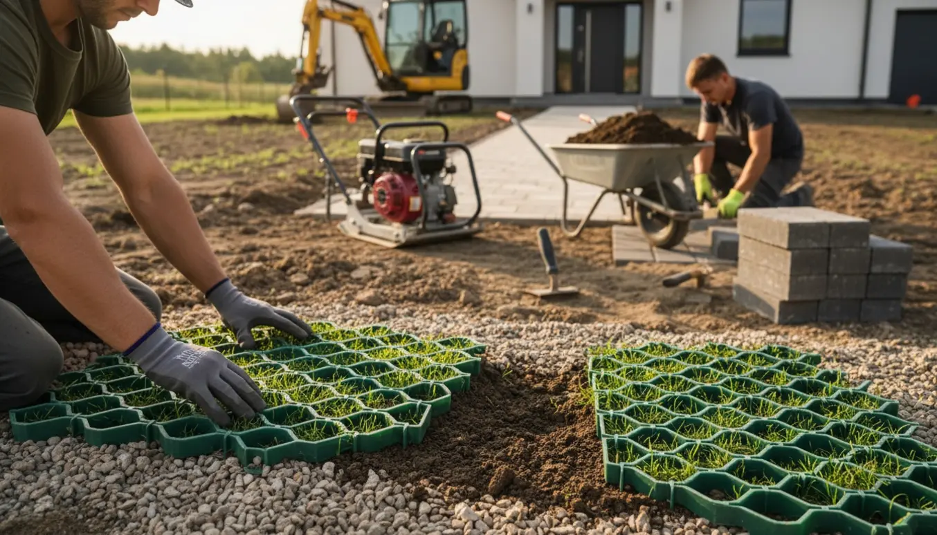 Anlægsgartner forbereder indkørsel med græsarmering og lægger fliser til hoveddøren.