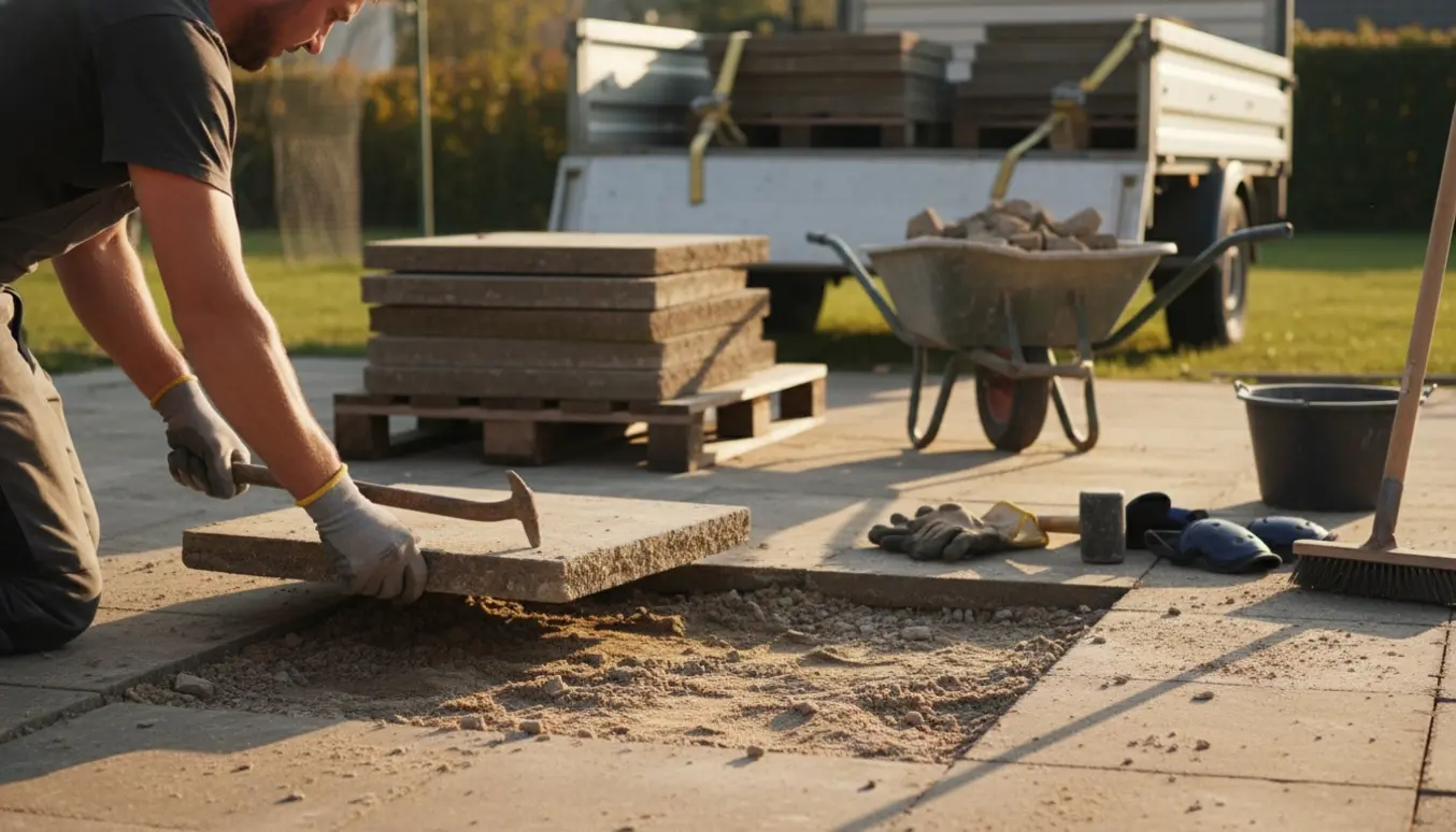 Hænder og værktøj fjerner kvadratiske betonfliser fra en terrasse med stabler og trillebør klar til bortkørsel.