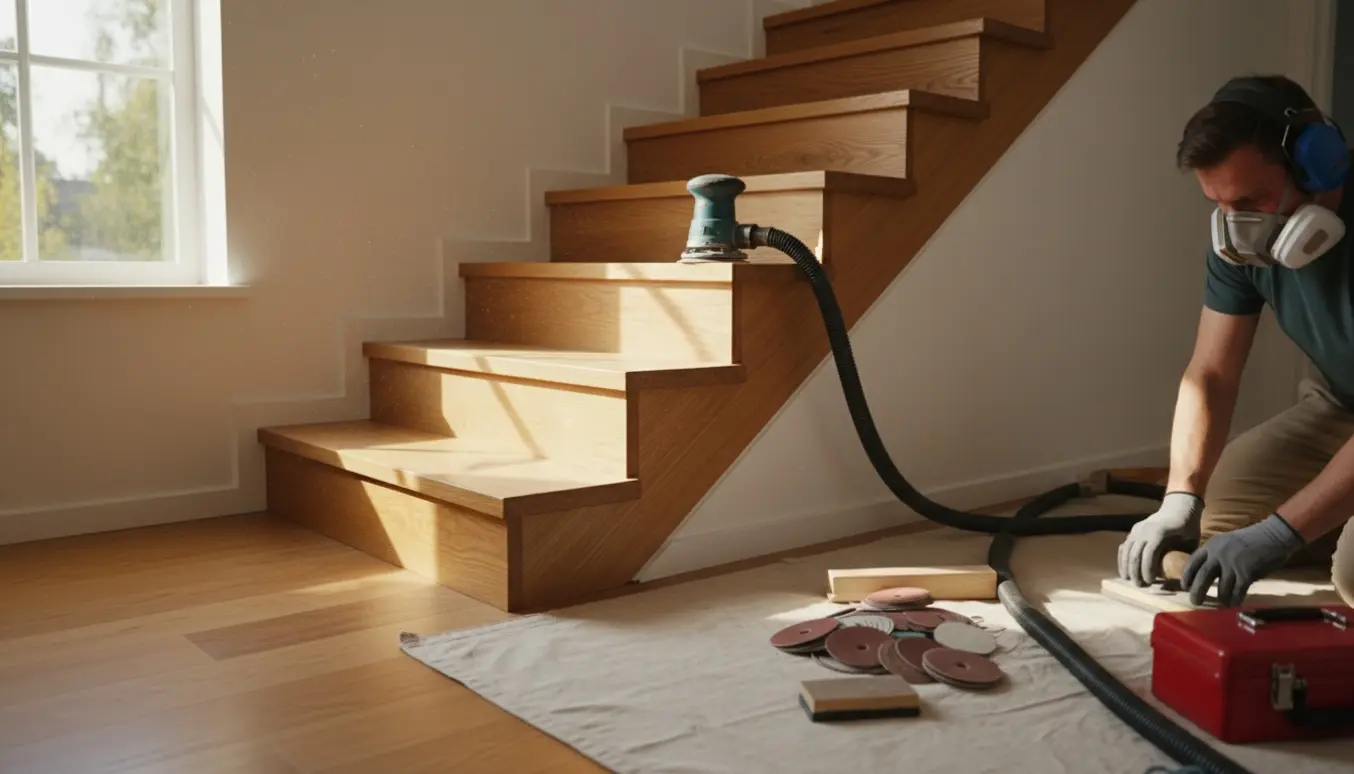 Nærbillede af slibning af en trætrappe med synligt slebne trin og blanke, ferniserede områder.