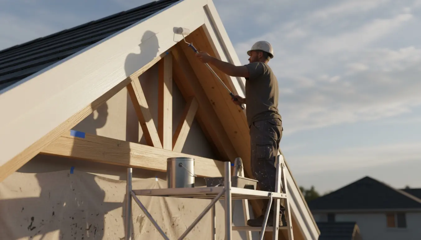 En maler på stige maler udhænget på en høj gavl med pensel og rulle, omgivet af malerværktøj.