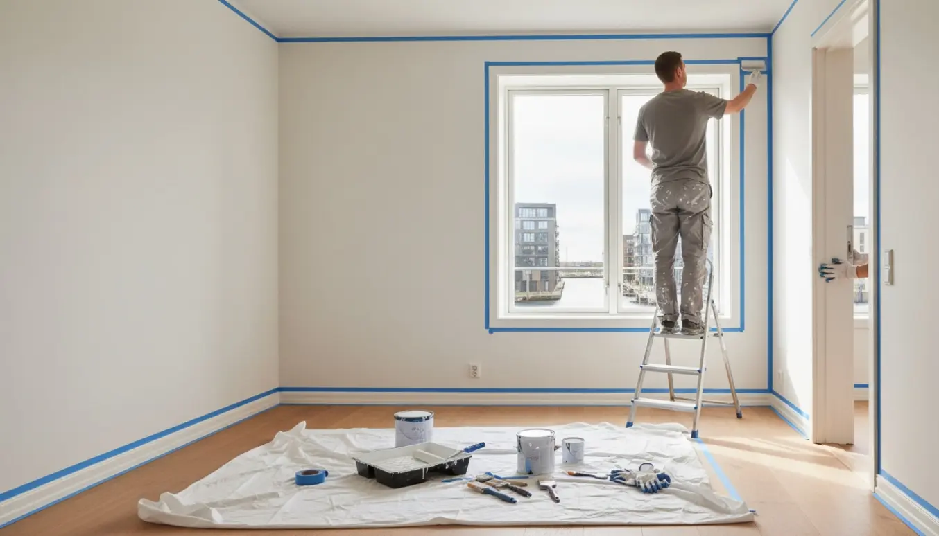 Malerværktøj og nymalet væg i en moderne lejlighed på Aarhus Ø set i naturligt dagslys.