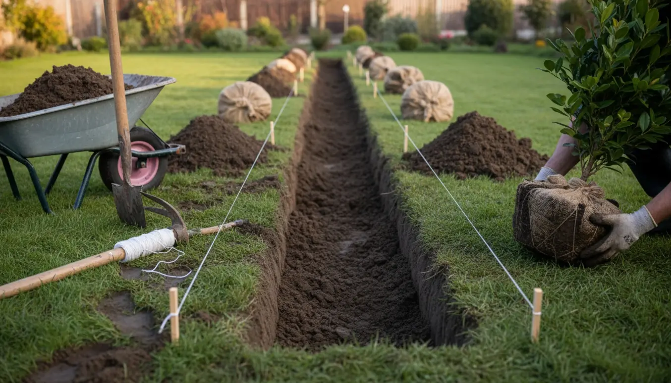 Rende til kirsebærlaurbærhæk med klumpplanter, spade og trillebør i blødt morgenslys.