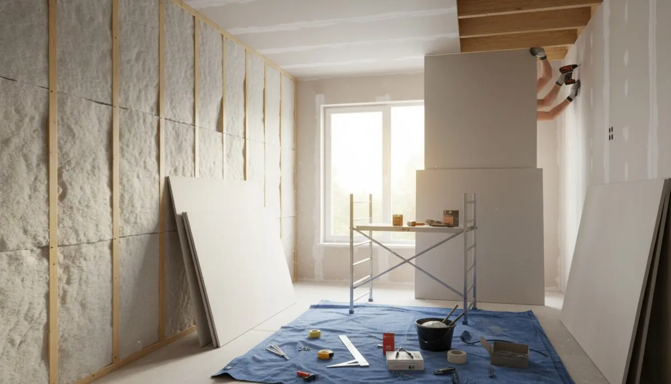 Interiørbillede af gips- og isoleringsarbejde med isoleringsbatts i vægkonstruktion og gipsplader klar til montering.