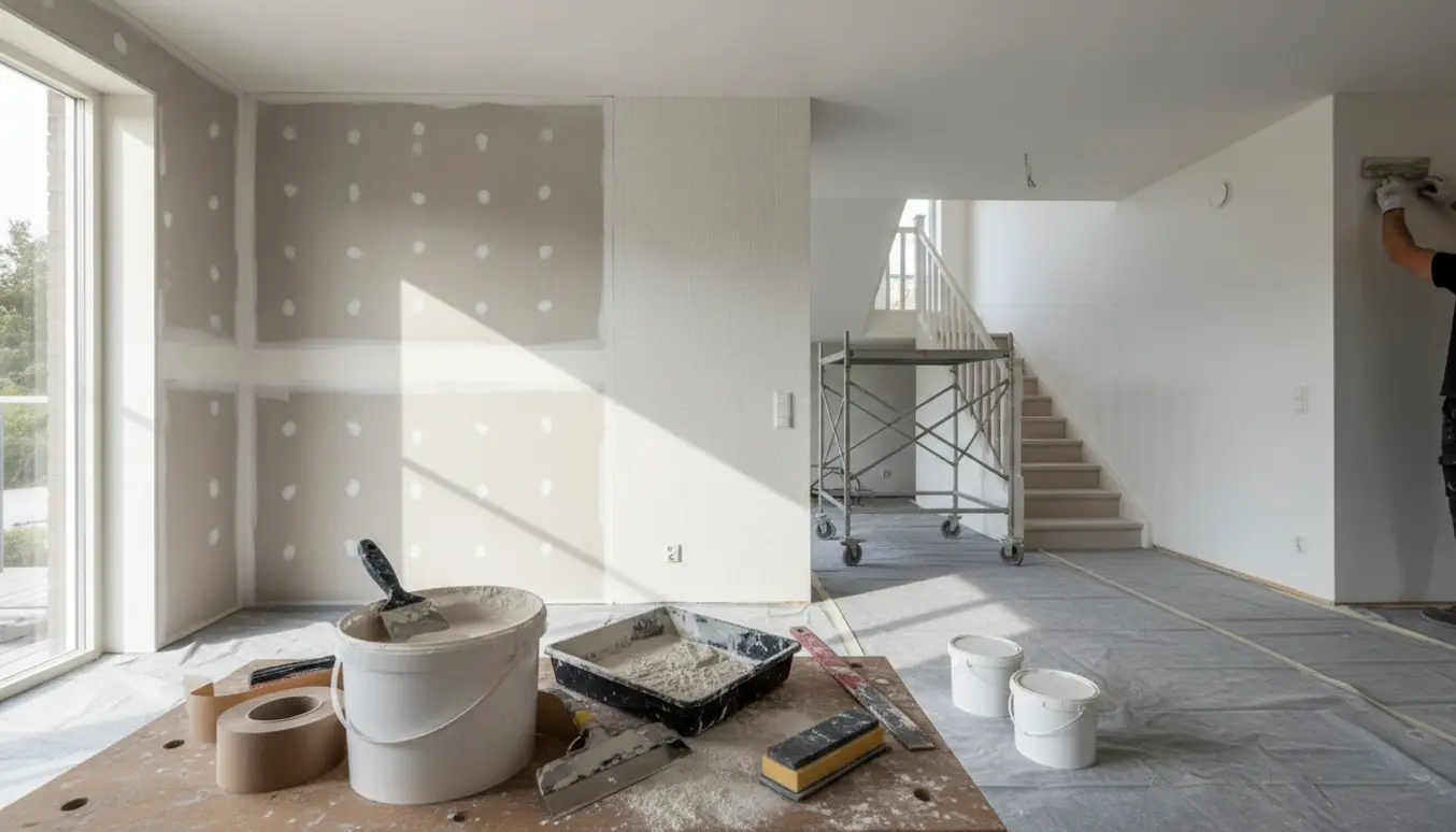 Indendørs renovering med spartlede vægge, filt og malerudstyr klar til maling i et hus med trappe.