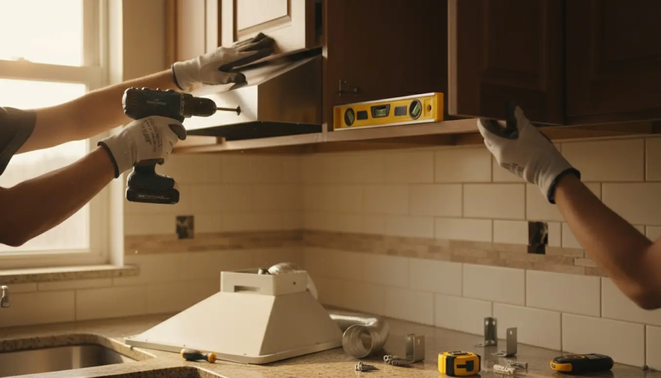 Hænder monterer en indbygget emhætte i et overskab med skruer, boremaskine og lodrette beslag.