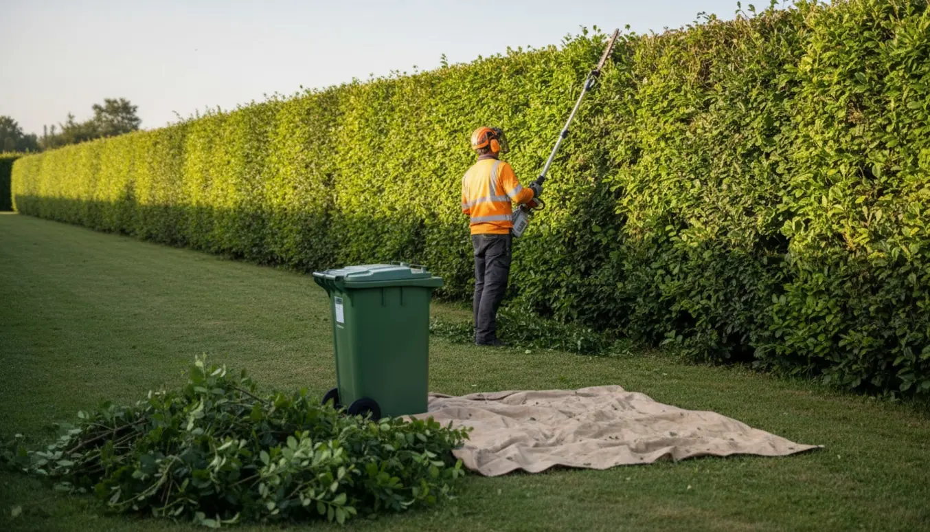 En person trimmer toppen af et langt levende hegn med en teleskophækkeklipper, mens afklippede grene samles i en vogn.