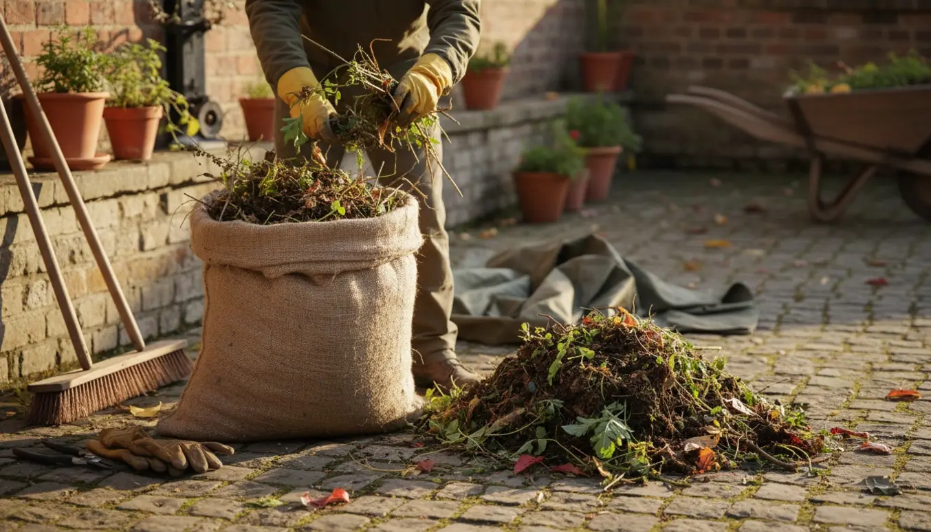 Hænder i handsker fylder en sæk med grene og fjerner ukrudt på en brostensbelagt gårdsplads.