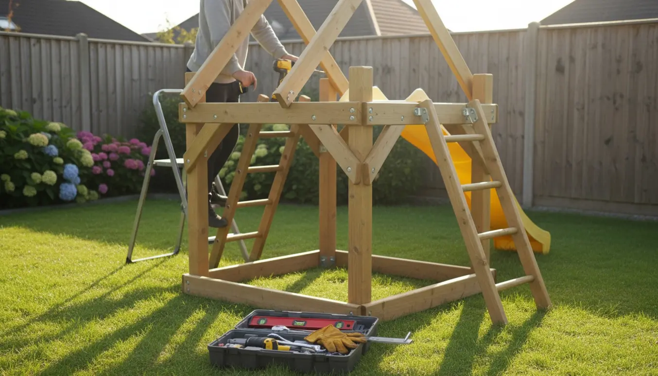 Delvist monteret trælegetårn i haven med værktøj og hænder i arbejde i varmt eftermiddagslys.