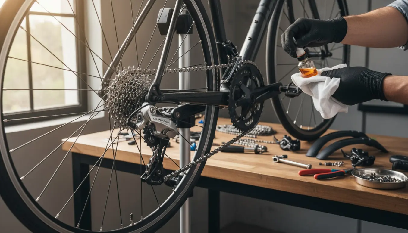 En cykel på et værkstedsstativ med hænder, der smører kæden og nye cykeldele lagt frem på et arbejdsbord.