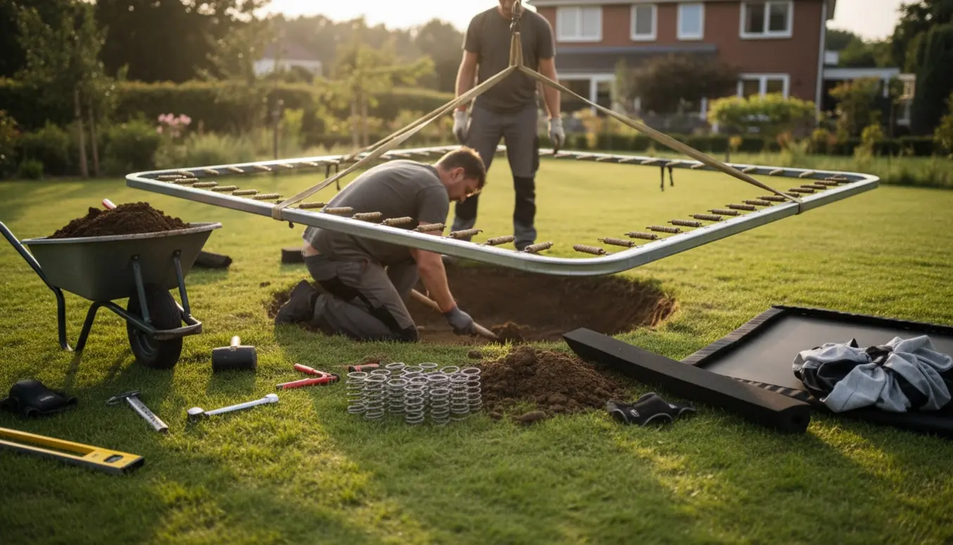 To personer monterer en nedgravet trampolin i en have, hvor den ene hakker jord væk og den anden holder rammen.