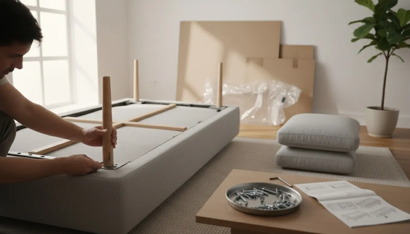 Delvist samlet 3-personers sofa i en lys stue, hvor hænder monterer benene.