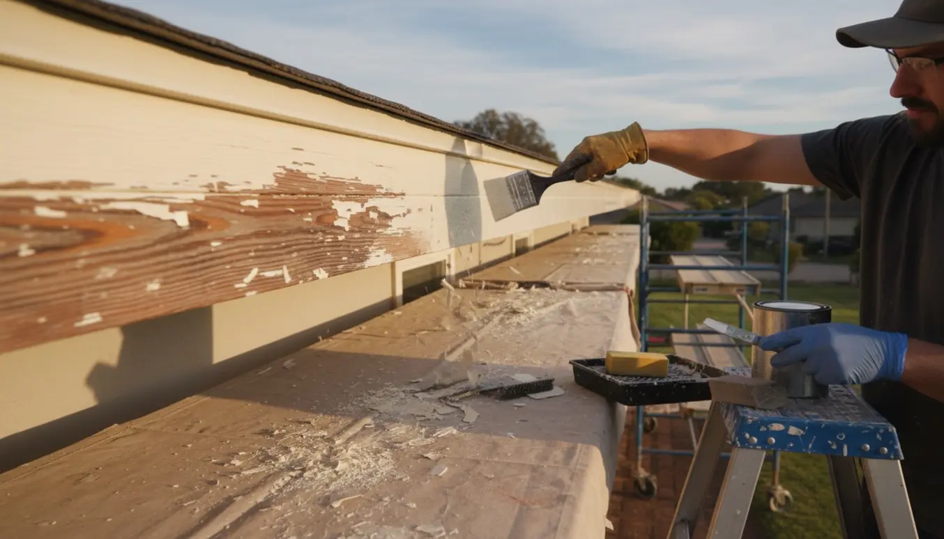 En håndværker skraber og maler hvide sternbrædder langs et skråt tag fra en stige.