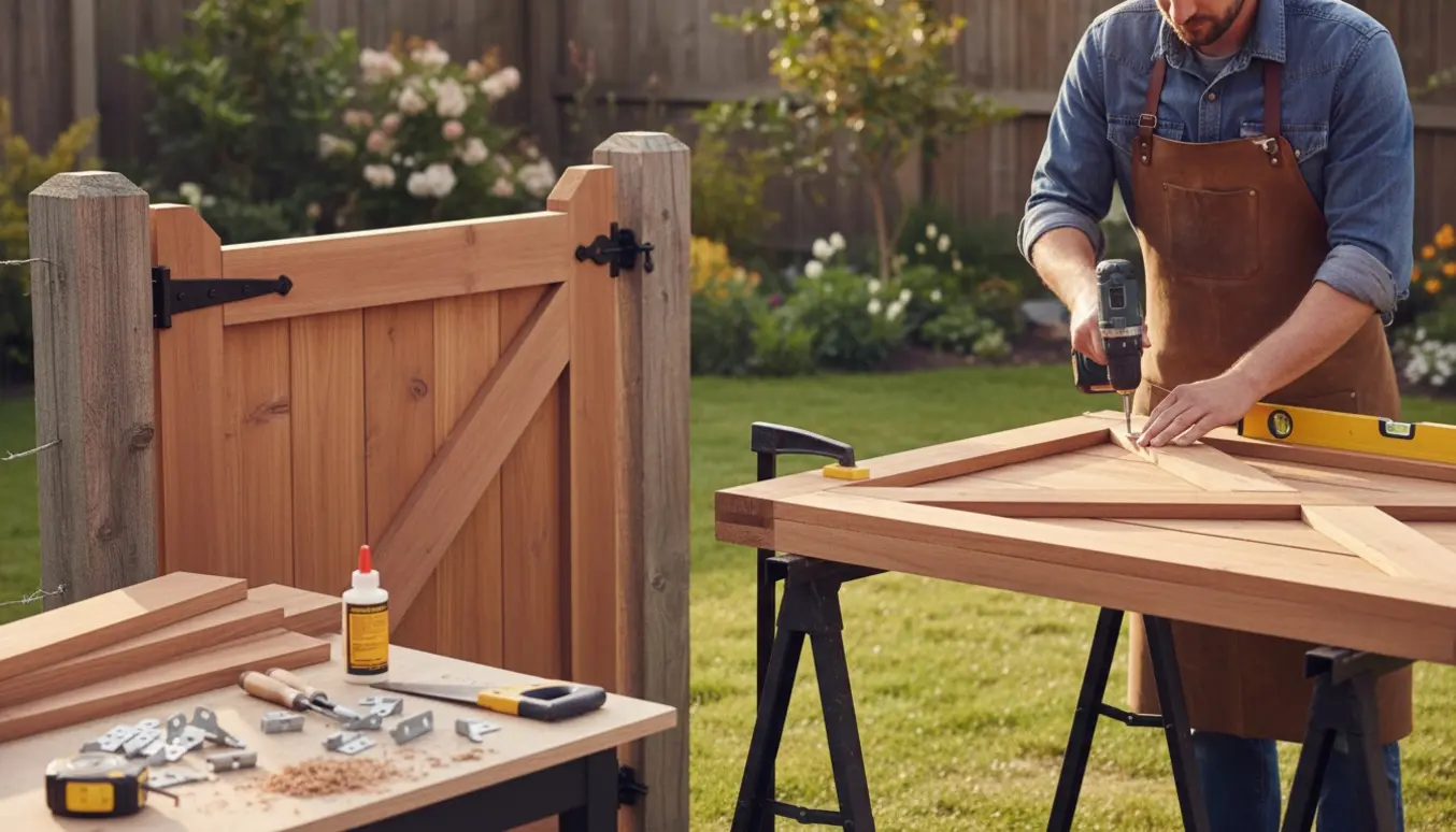 To træhavelåger under bygning og montering ved eksisterende stolper med værktøj i forgrunden.