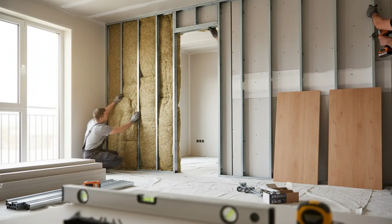 Delvist opført gipsvæg med indbyggede dobbelte træskydedøre, lydisolering og værktøj på gulvet.