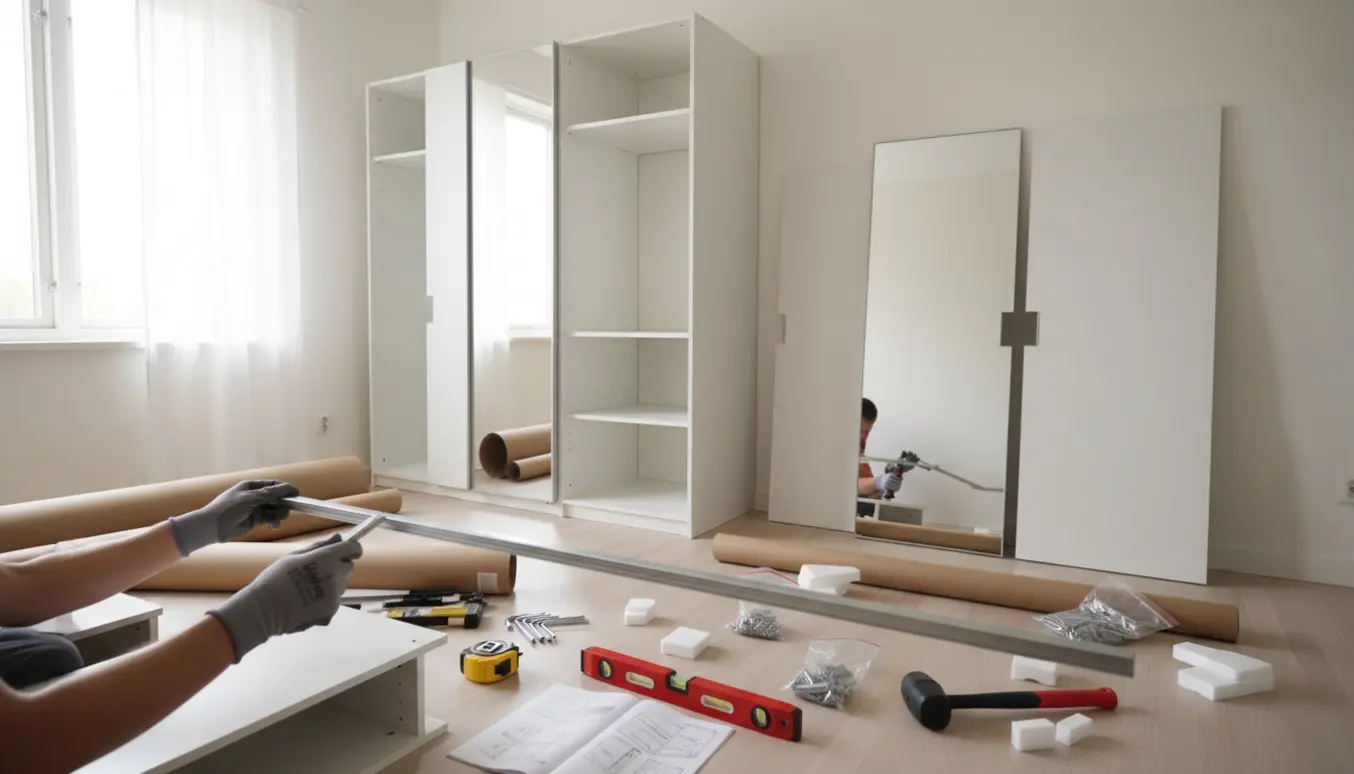 Hænder samler et 240 cm PAX-garderobeskab med skydelåger i et lyst, nordisk værelse med paneler og værktøj klar.