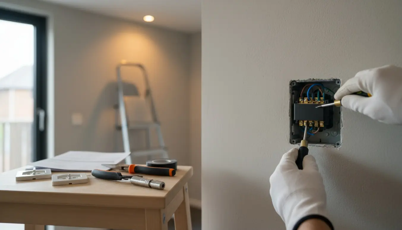 Hænder monterer en vægdimmer til LED med værktøj på en skammel i en moderne stue.