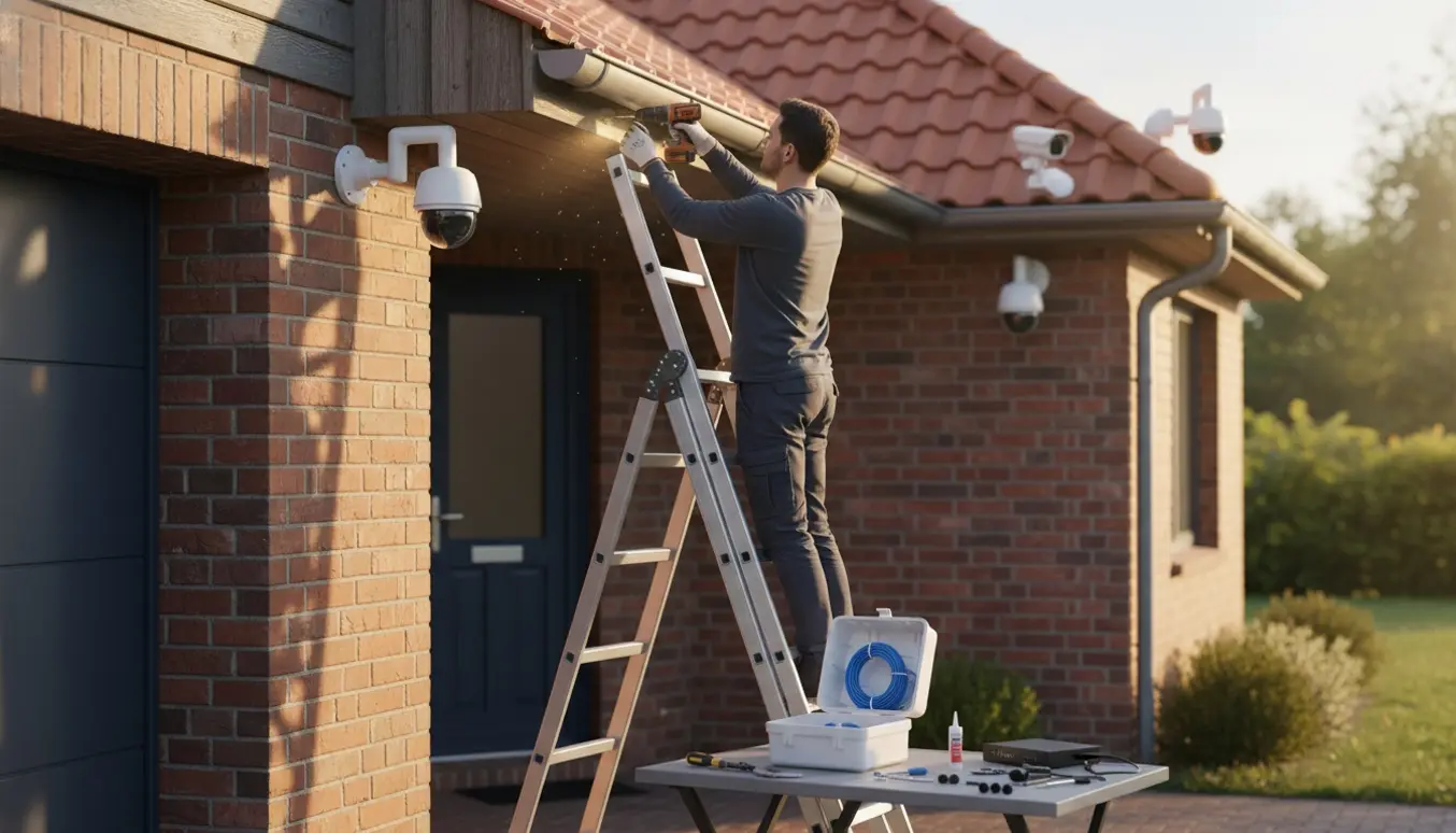 Tekniker monterer fire udendørs overvågningskameraer på et hus med værktøj og kabler i nærbillede.