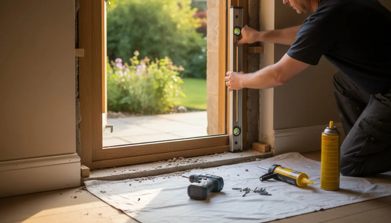 Tømrer isætter en terassedør i en forberedt vægåbning med værktøj og kiler.