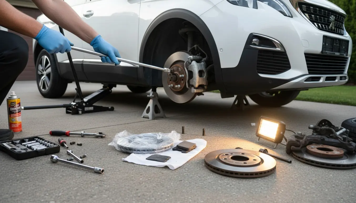 Udskiftning af bremseskiver og klodser på en Peugeot 3008 med domkraft og værktøj i indkørsel.