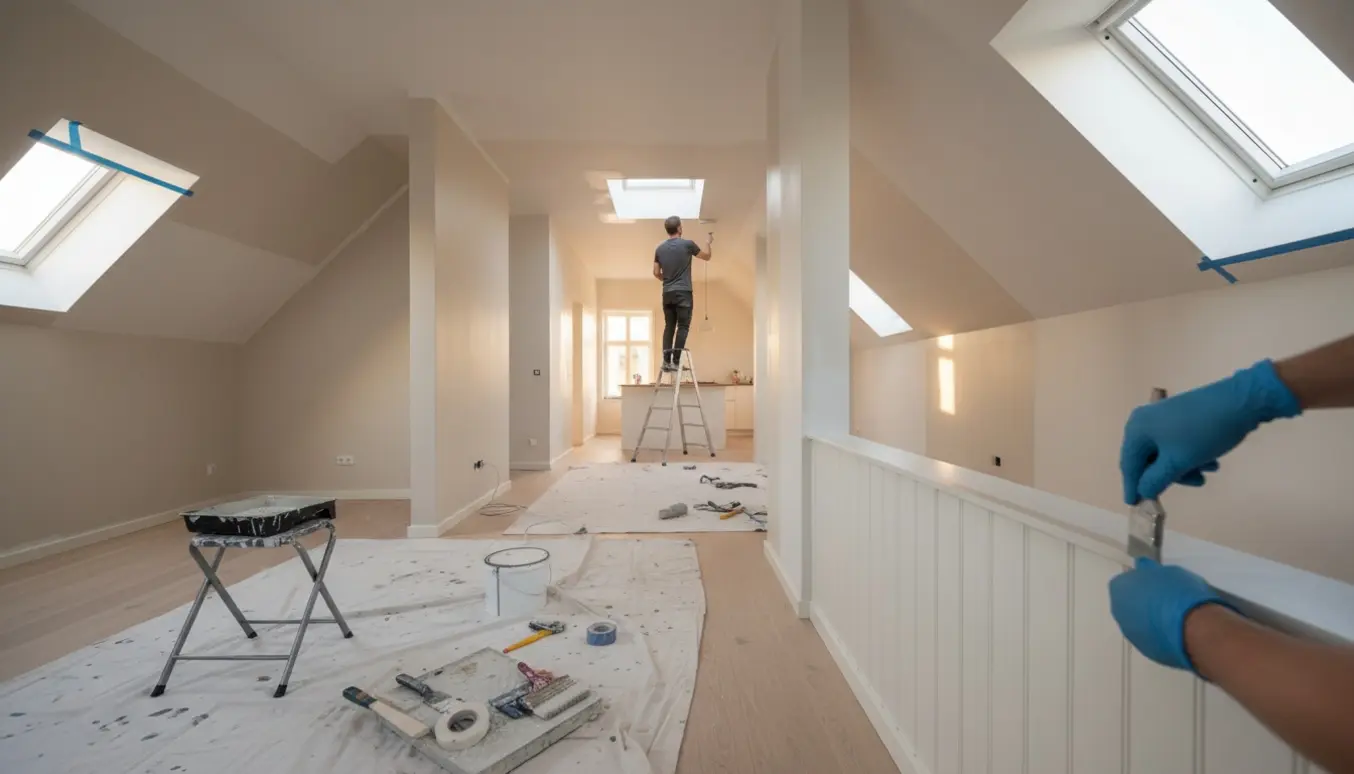 Malerarbejde i lyst hjem med vægge, lofter, paneler og lyskasser ved ovenlysvinduer under opfriskning.