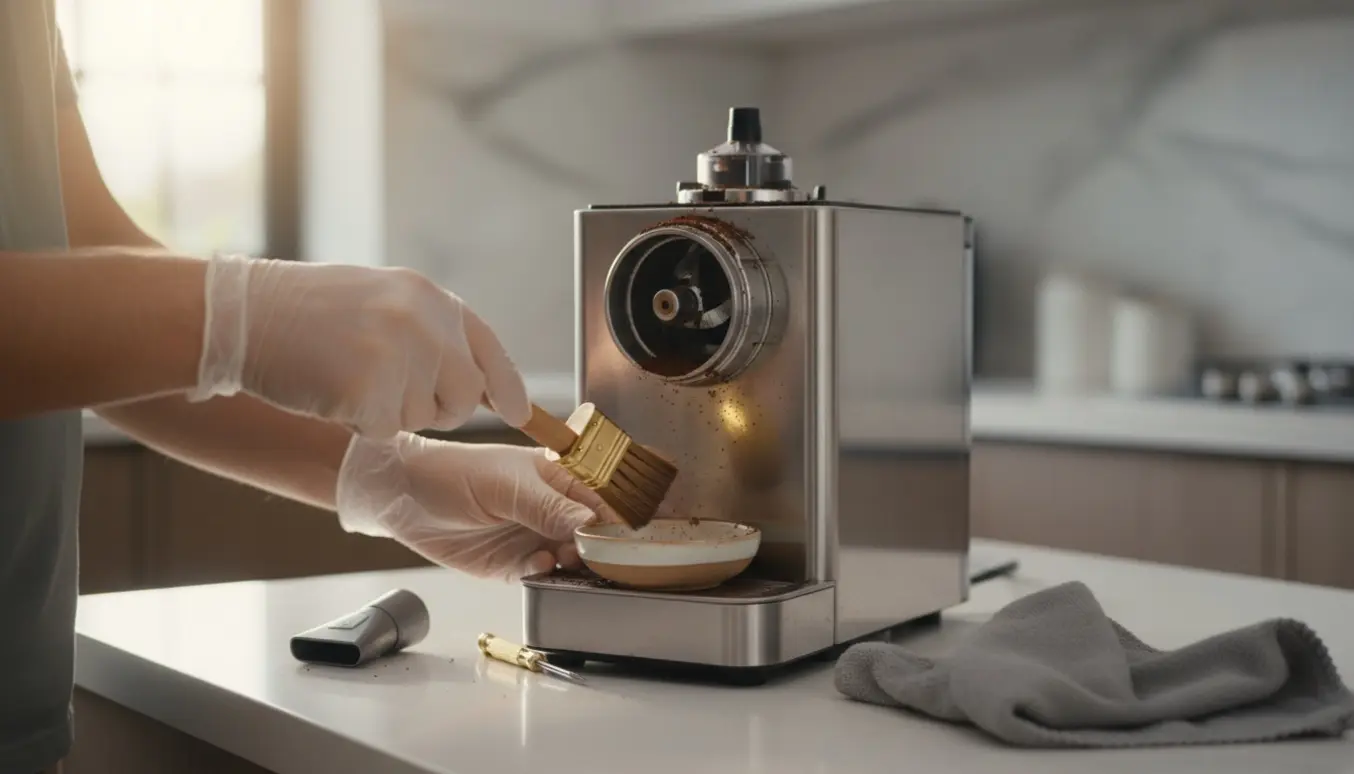 Nærbillede af hænder, der renser kværnburren på en espressomaskine med børste og værktøj.