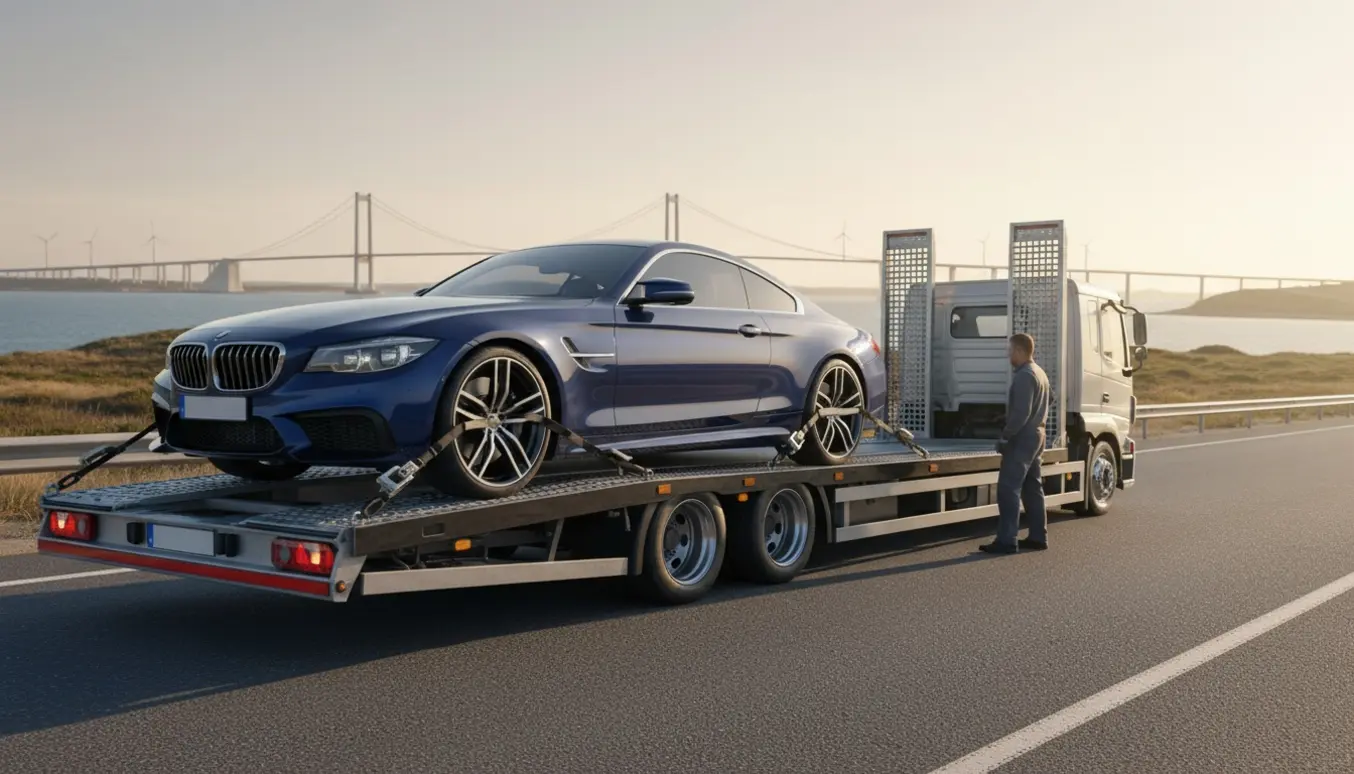 En bil fastgjort på en åben autotransporter på vej langs kysten med bro i baggrunden.