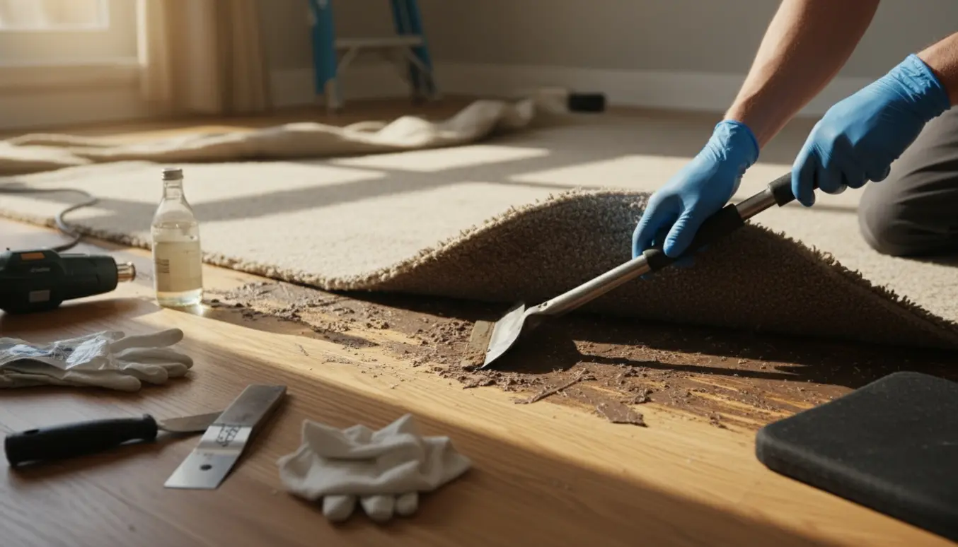 Hænder i handsker skraber limrester væk fra trægulv efter fjernet tæppe i blødt dagslys.