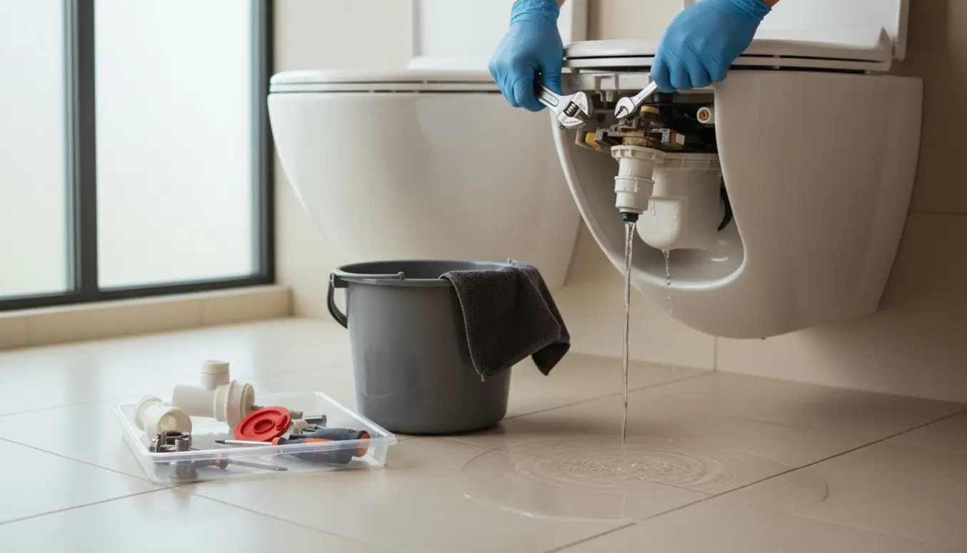 Et væghængt toilet med åben cisterne, hvor handskerede hænder justerer en løbende skylleventil.