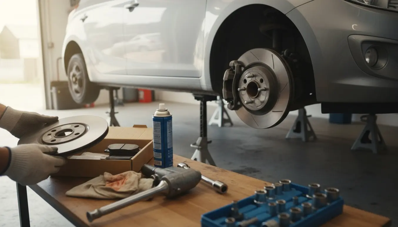 Kompakt hatchback på bukke med for- og bagbremser under udskiftning, arbejdshænder og værktøj i fokus.