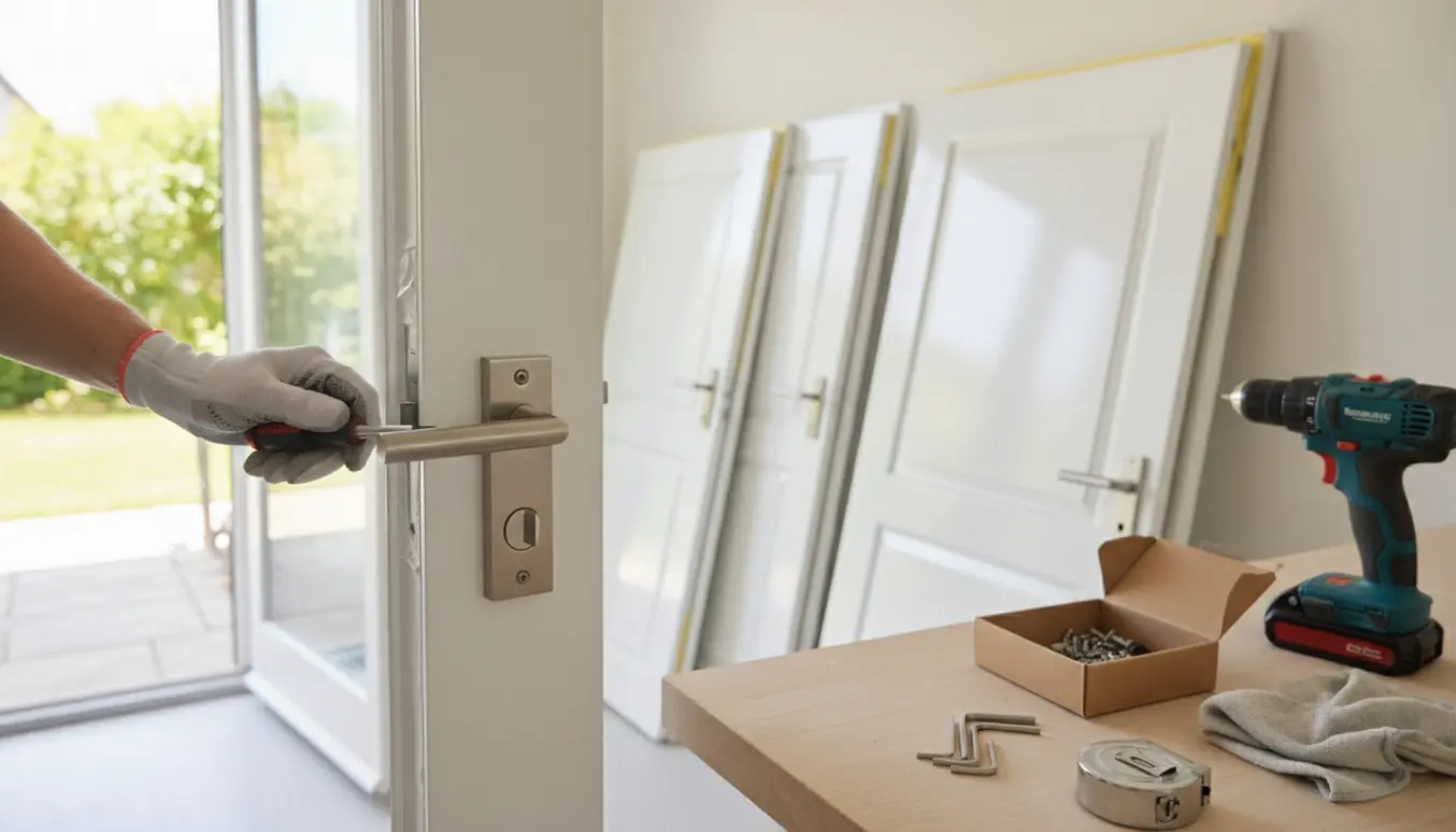 Nærbillede af hænder, der monterer et nyt dørhåndtag og nøglebeslag på en nymalet dør med flere sprøjtemalte døre i baggrunden.