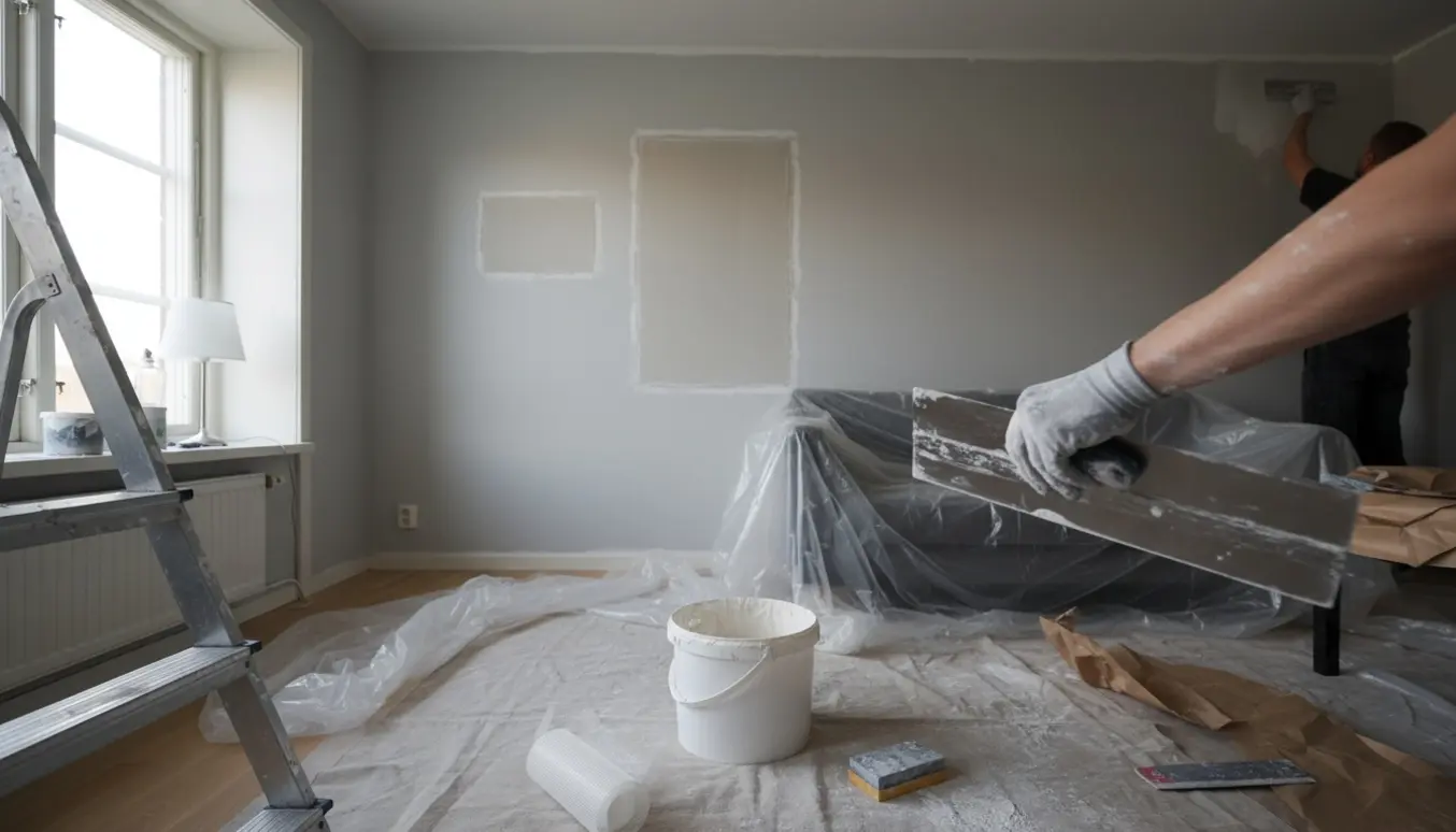 Nærbillede af spartelarbejde i en lys lejlighed med frisk spartelmasse, værktøj og afdækkede møbler.