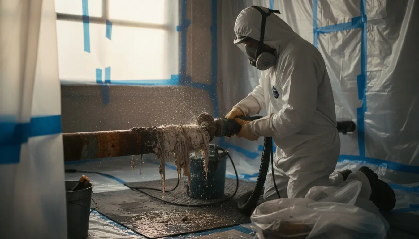 Arbejder i beskyttelsesdragt skærer et asbestisoleret vandrør i en plastinddækket arbejdszone.