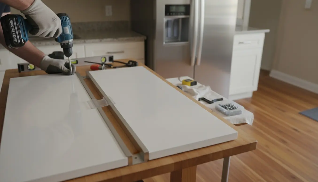 To køleskabslåger sammensat med beslag og 3 mm afstand, klar til montering på et moderne køleskab.