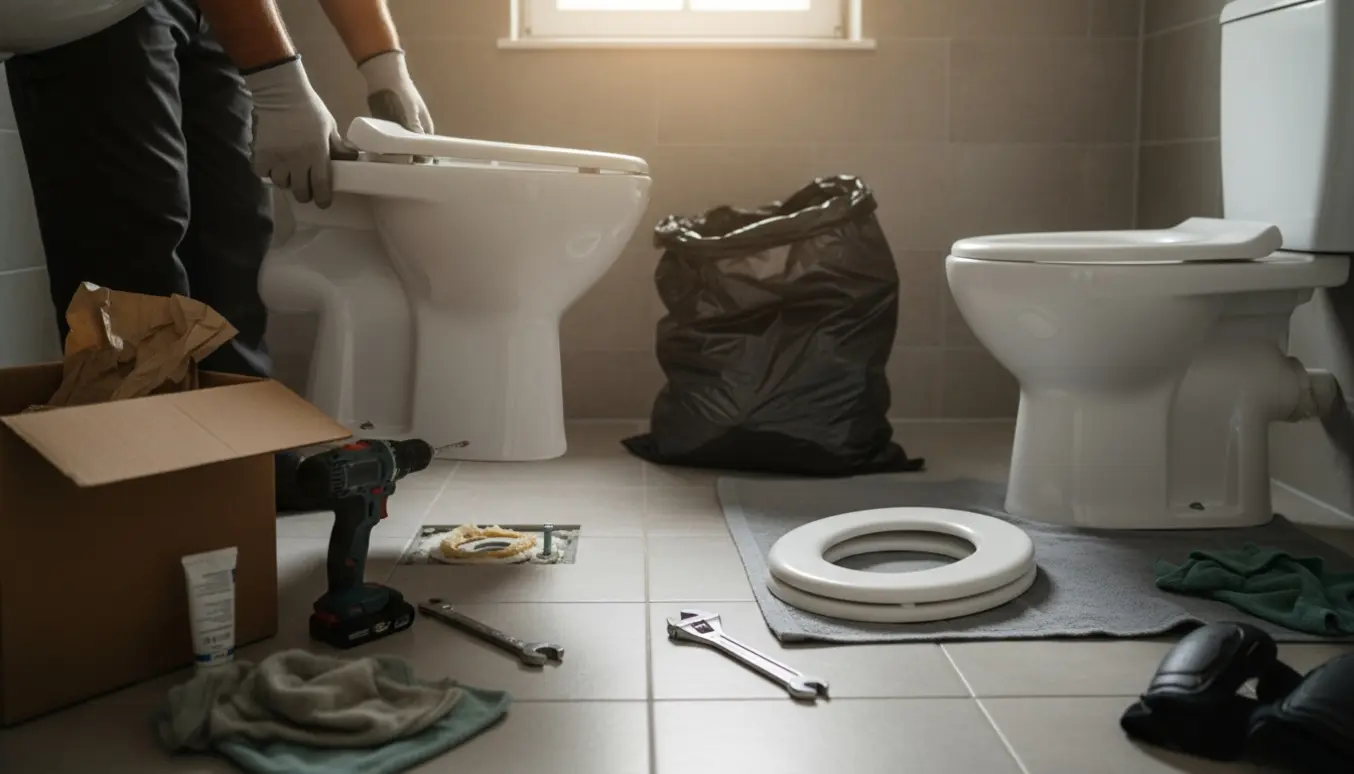 Håndværker i et lille badeværelse fjerner et gammelt kort S-lås-toilet med nyt toilet og værktøj klar.